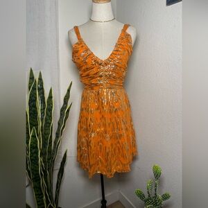 🍊 CIEBON Orange Metallic Splatter Mini Dress NWT | Ruched Party Dress XS